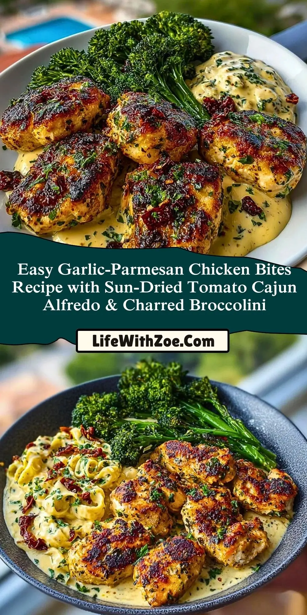 Easy Garlic-Parmesan Chicken Bites Recipe with Sun-Dried Tomato Cajun Alfredo & Charred Broccolini Pin 1
