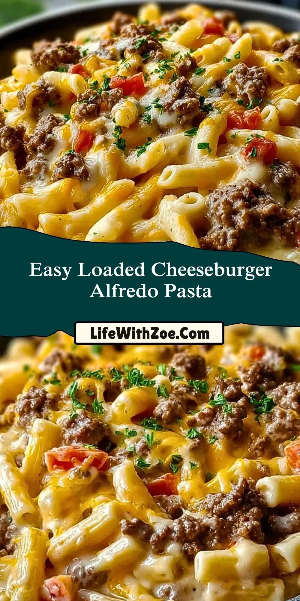 Easy Loaded Cheeseburger Alfredo Pasta Pin 1