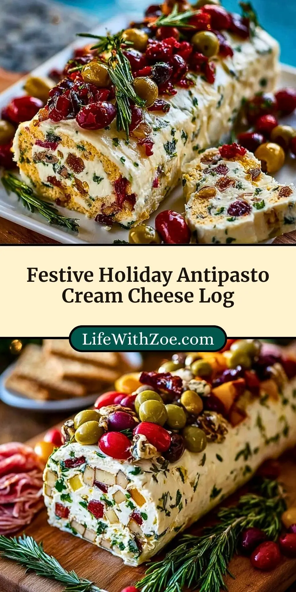 Festive Holiday Antipasto Cream Cheese Log Pin 2