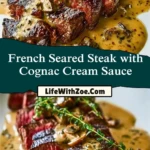 French Seared Steak with Cognac Cream Sauce Pin 1