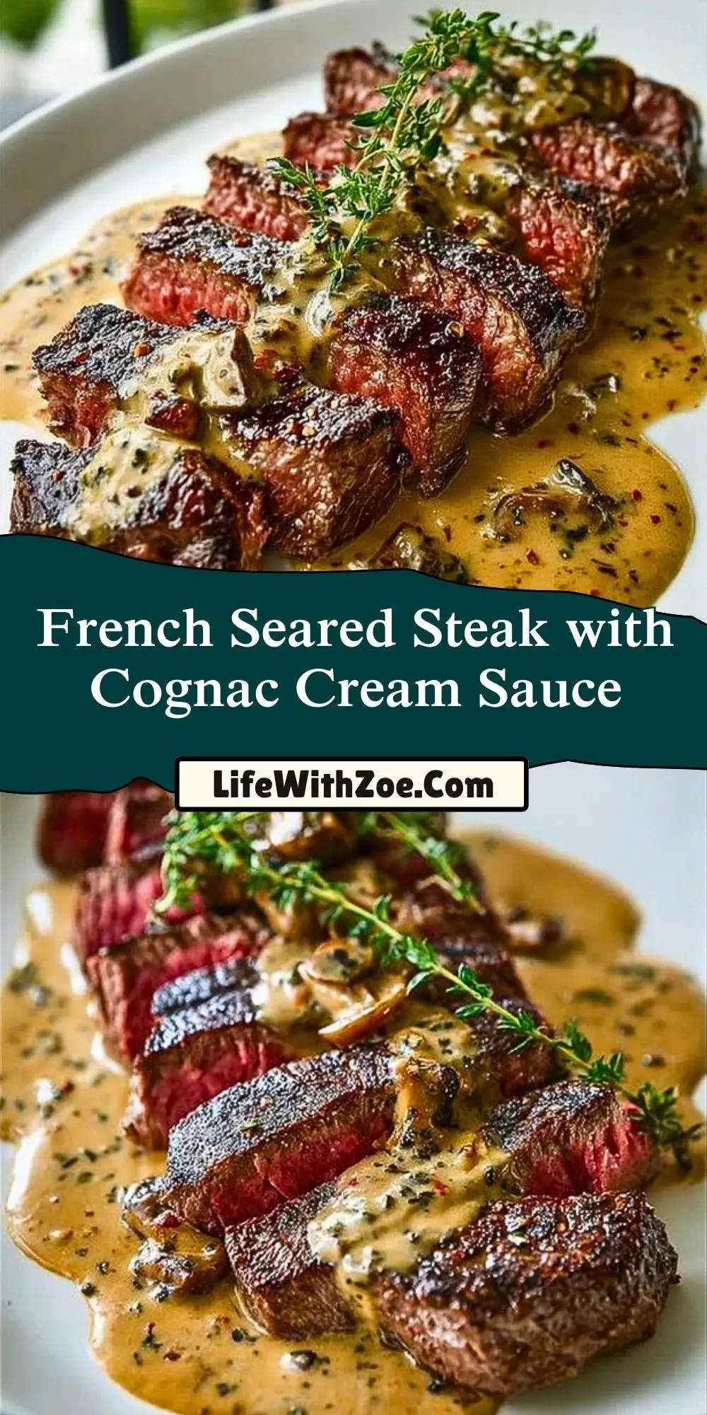 French Seared Steak with Cognac Cream Sauce Pin 1