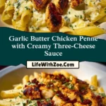 Garlic Butter Chicken Penne with Creamy Three-Cheese Sauce Pin 1