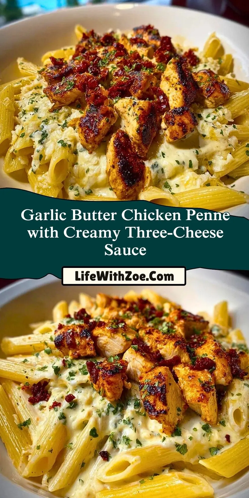 Garlic Butter Chicken Penne with Creamy Three-Cheese Sauce Pin 1