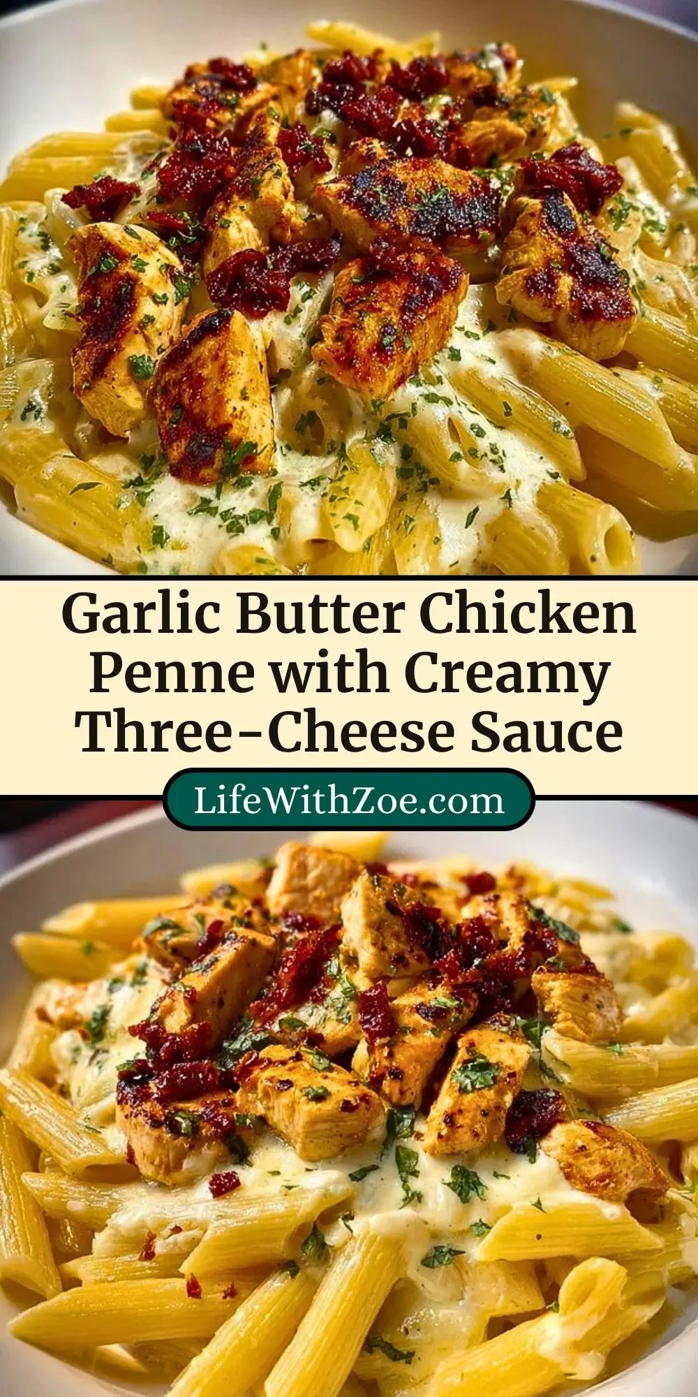 Garlic Butter Chicken Penne with Creamy Three-Cheese Sauce Pin 2