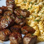 Garlic Butter Steak Bites with Spicy Cajun Alfredo Twisted Pasta 1