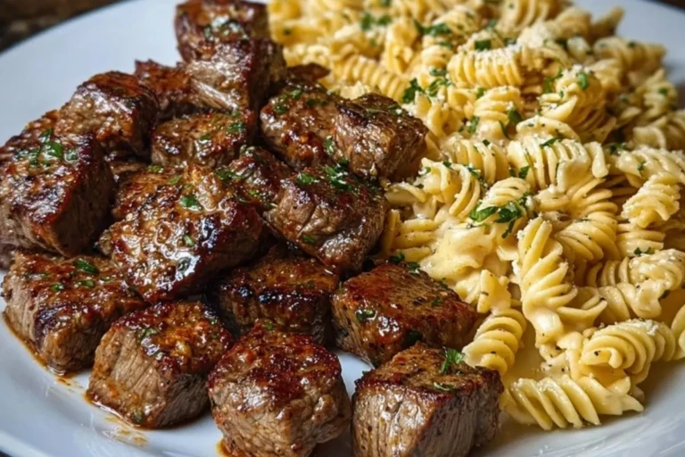 Garlic Butter Steak Bites with Spicy Cajun Alfredo Twisted Pasta 1