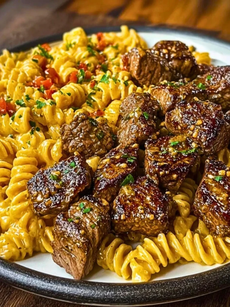 Garlic Butter Steak Bites with Spicy Cajun Alfredo Twisted Pasta 2