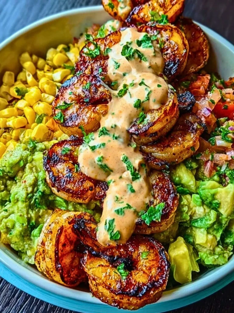 Grilled Shrimp Bowl with Avocado, Corn Salsa & Creamy Sauce 2