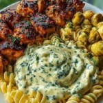 Hot Honey Cajun Chicken Alfredo with Basil Feta Swirl & Crispy Brussels Chips 1