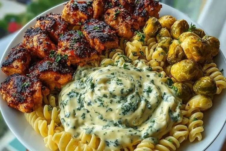 Hot Honey Cajun Chicken Alfredo with Basil Feta Swirl & Crispy Brussels Chips 1