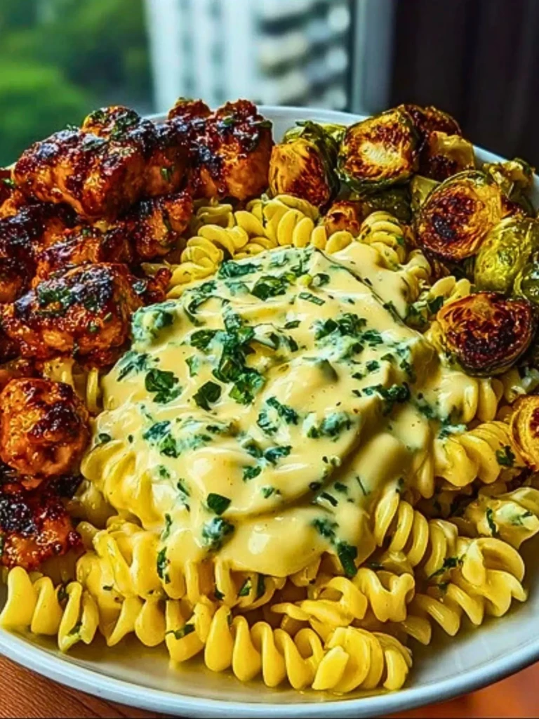 Hot Honey Cajun Chicken Alfredo with Basil Feta Swirl & Crispy Brussels Chips 2