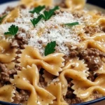 Indulgent Garlic Parmesan Bowtie Pasta with Creamy Beef 1