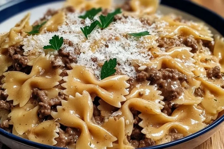 Indulgent Garlic Parmesan Bowtie Pasta with Creamy Beef 1
