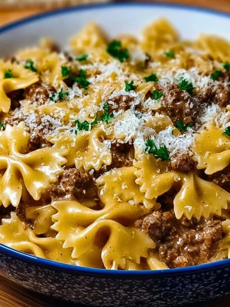 Indulgent Garlic Parmesan Bowtie Pasta with Creamy Beef 2