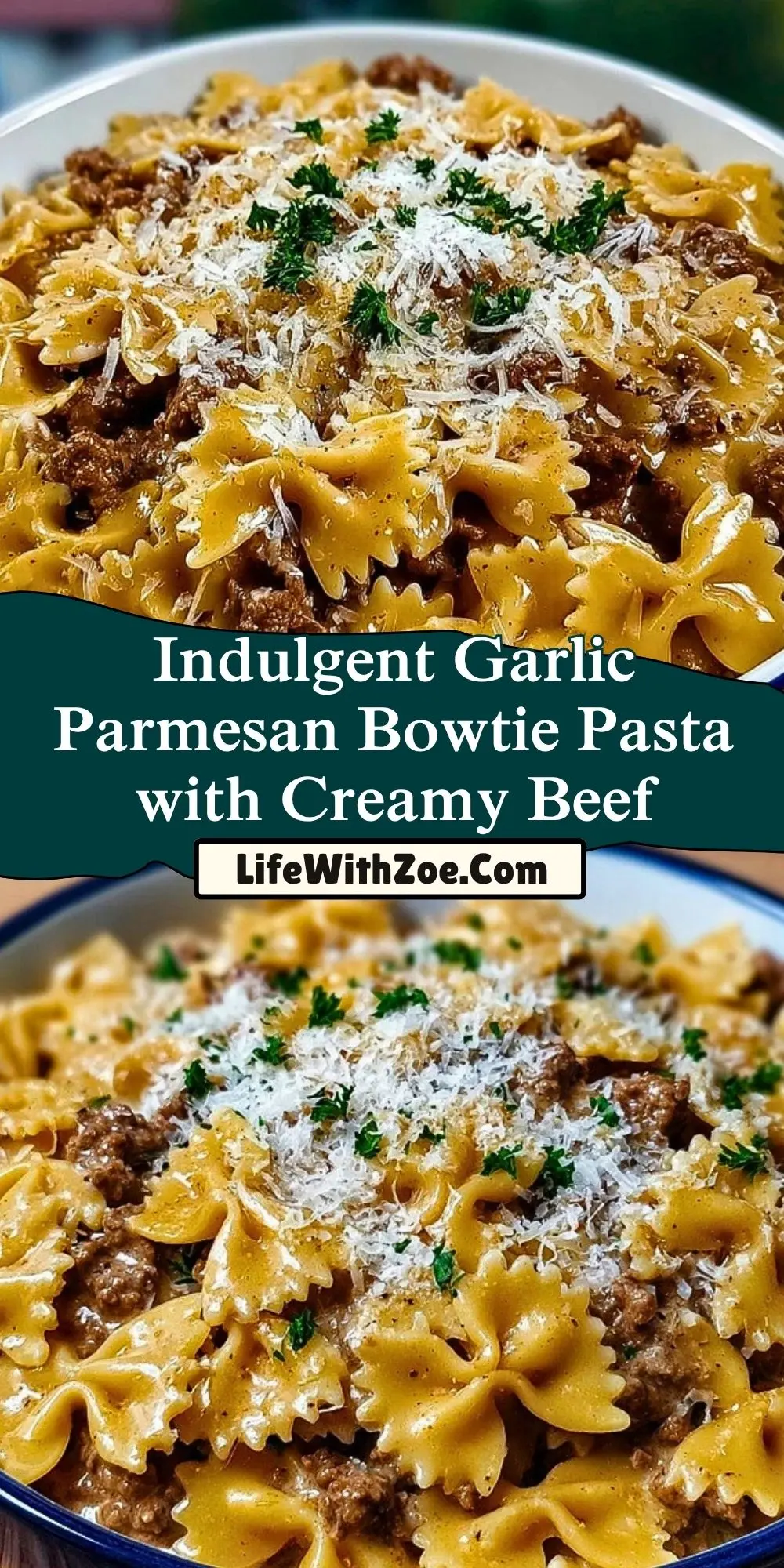 Indulgent Garlic Parmesan Bowtie Pasta with Creamy Beef Pin 1