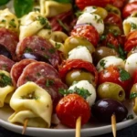 Italian Antipasto Skewers with Marinated Tortellini and Mozzarella 1