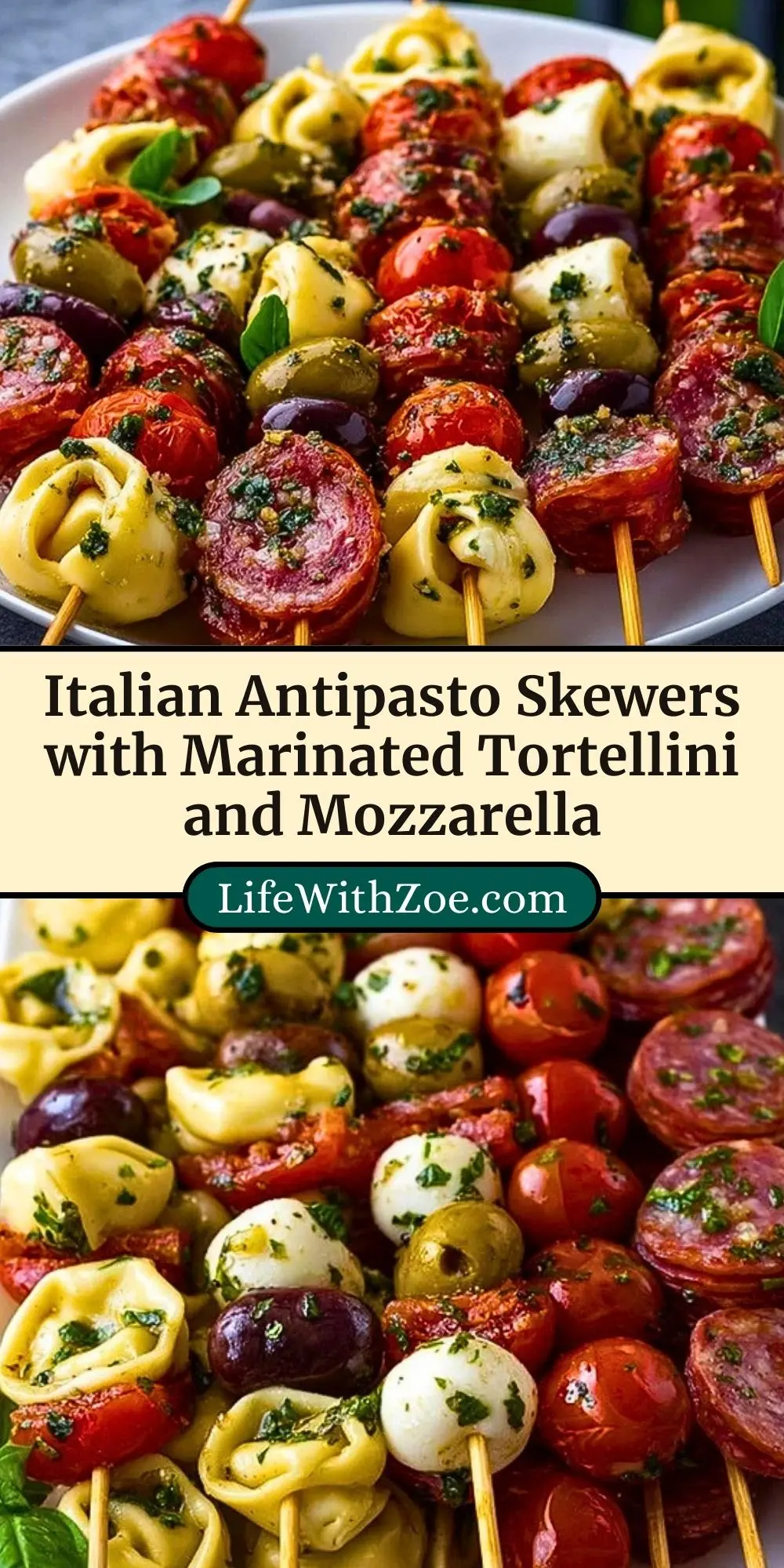 Italian Antipasto Skewers with Marinated Tortellini and Mozzarella Pin 2