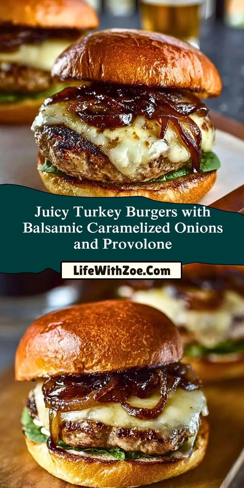 Juicy Turkey Burgers with Balsamic Caramelized Onions and Provolone Pin 1