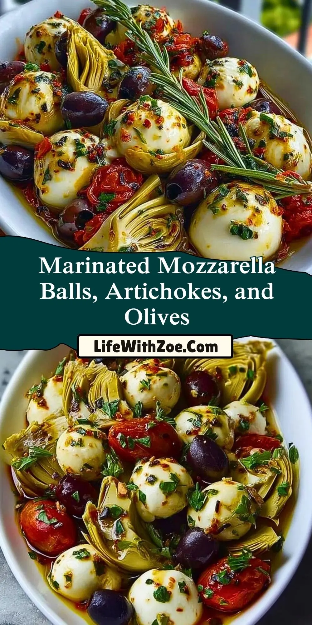 Marinated Mozzarella Balls, Artichokes, and Olives Pin 1