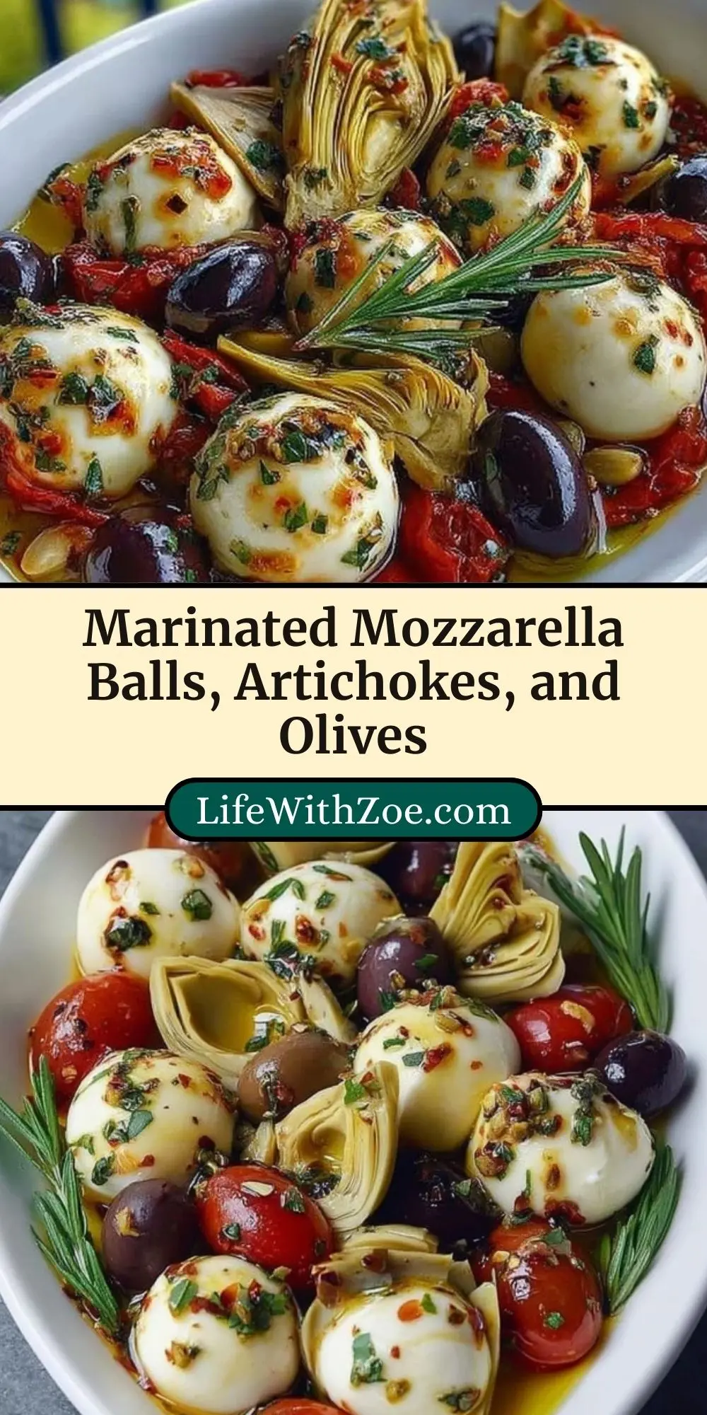 Marinated Mozzarella Balls, Artichokes, and Olives Pin 2