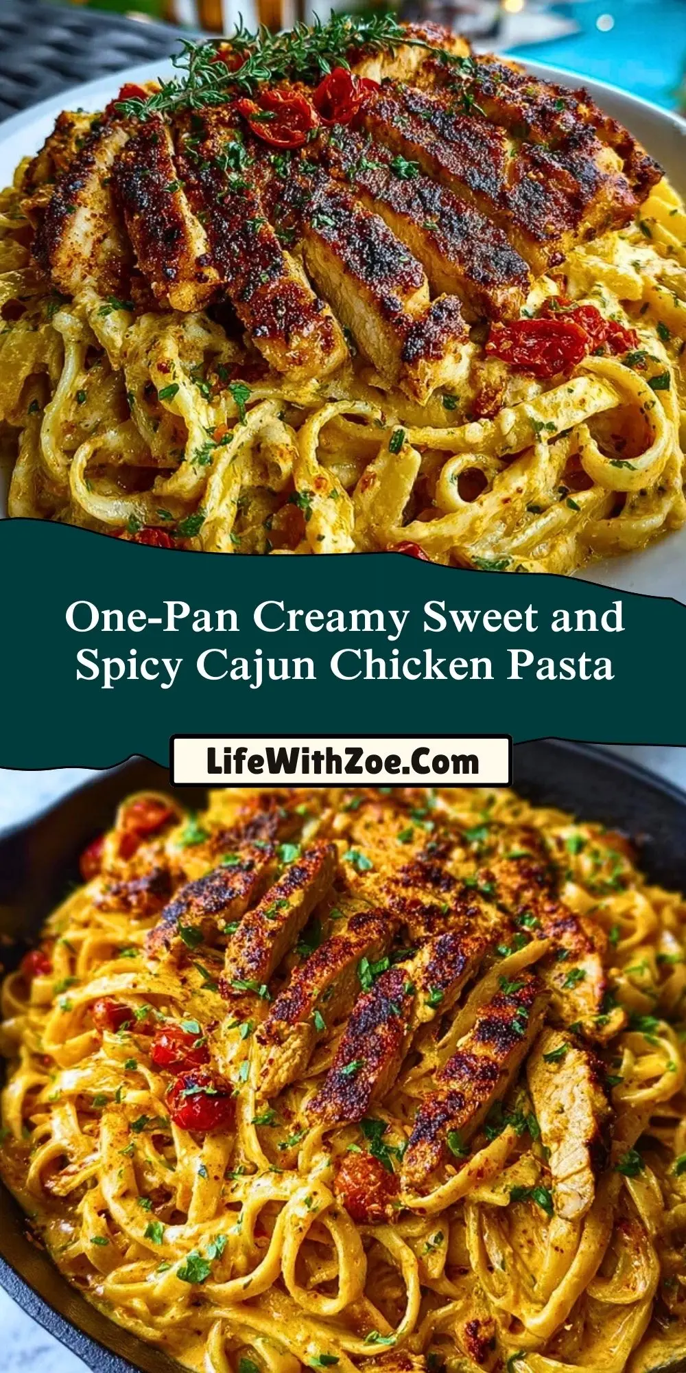 One-Pan Creamy Sweet and Spicy Cajun Chicken Pasta Pin 1