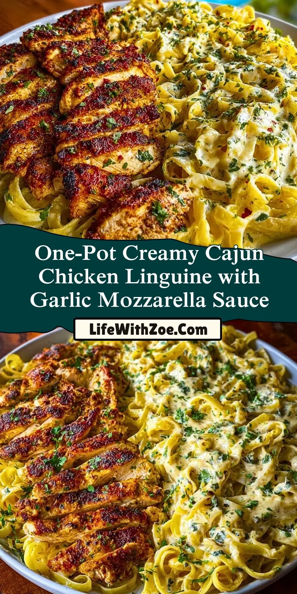 One-Pot Creamy Cajun Chicken Linguine with Garlic Mozzarella Sauce Pin 1