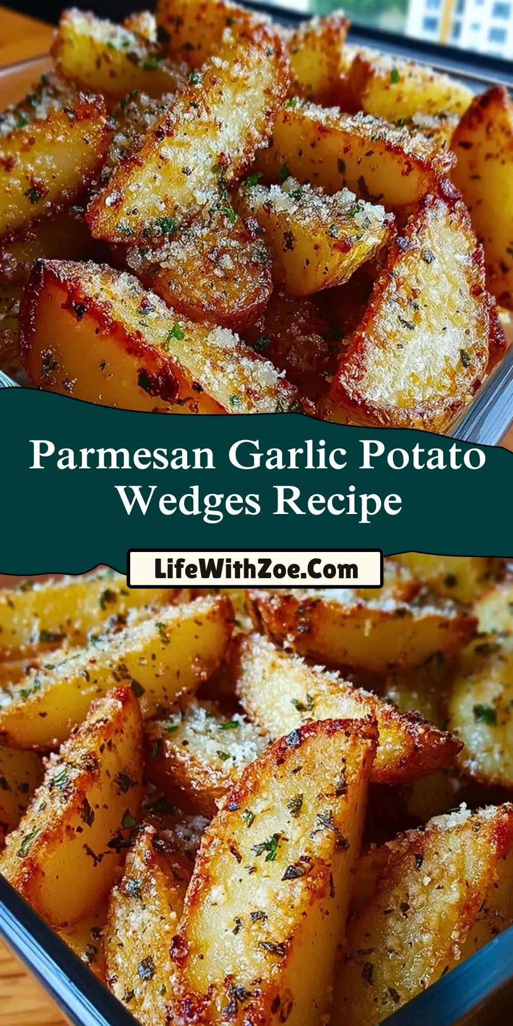 Parmesan Garlic Potato Wedges Recipe Pin 1