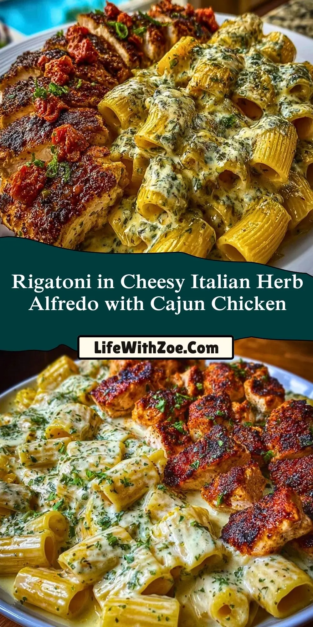 Rigatoni in Cheesy Italian Herb Alfredo with Cajun Chicken Pin 1
