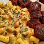 Rigatoni in Garlic Butter Parmesan Cream Sauce with Cajun Steak Tips