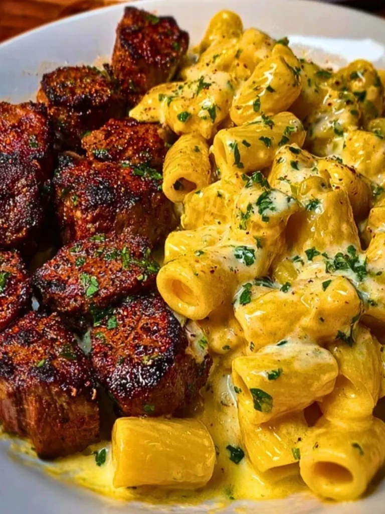 Rigatoni in Garlic Butter Parmesan Cream Sauce with Cajun Steak Tips (2)