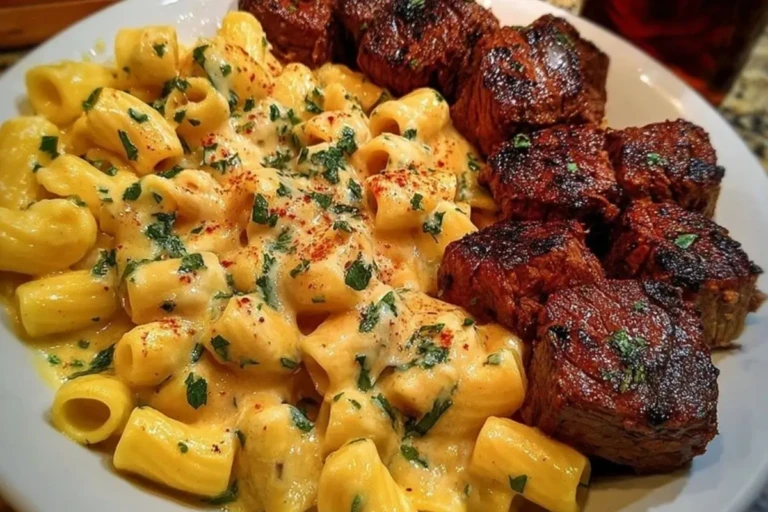 Rigatoni in Garlic Butter Parmesan Cream Sauce with Cajun Steak Tips