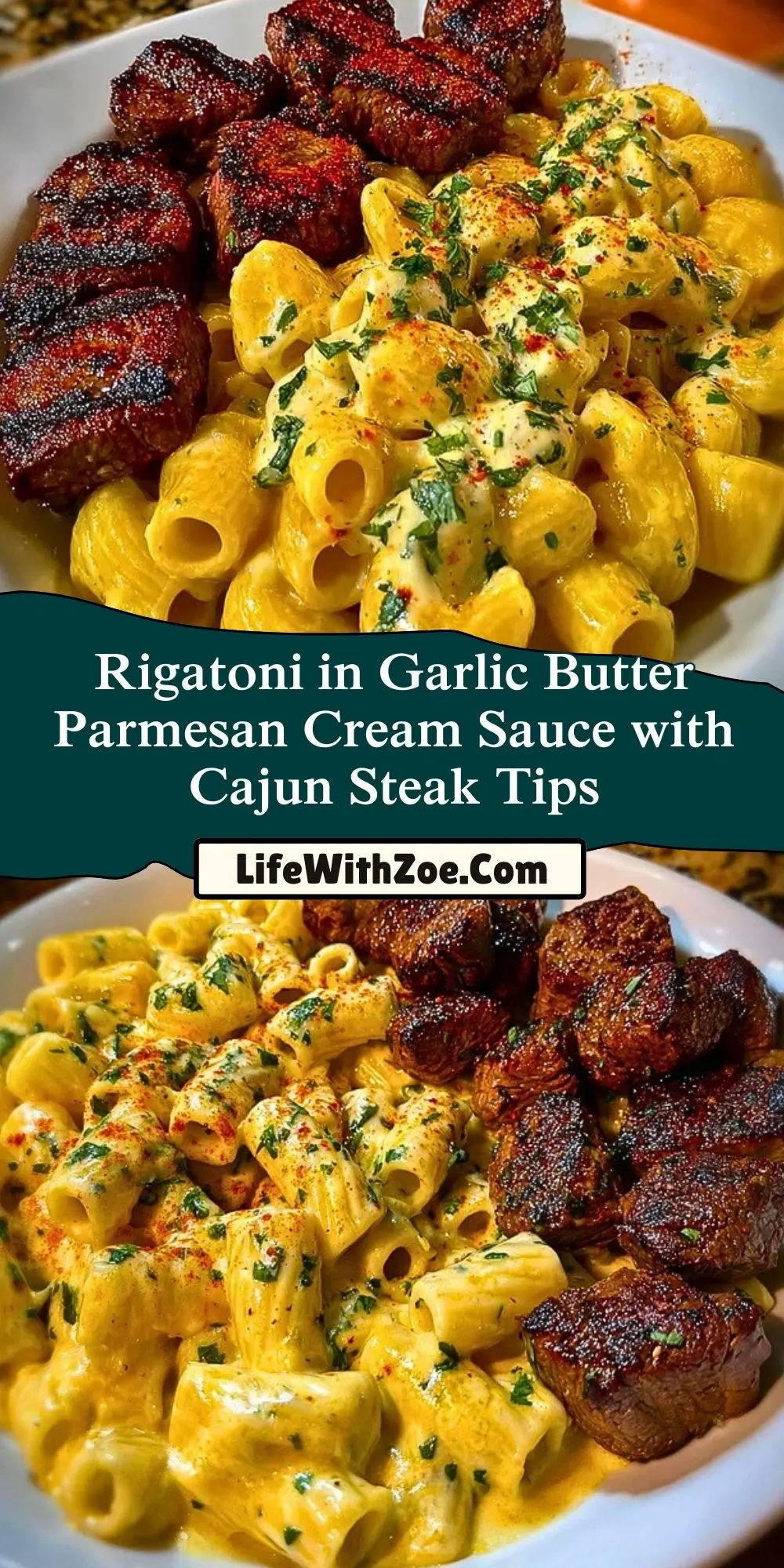 Rigatoni in Garlic Butter Parmesan Cream Sauce with Cajun Steak Tips Pin 1