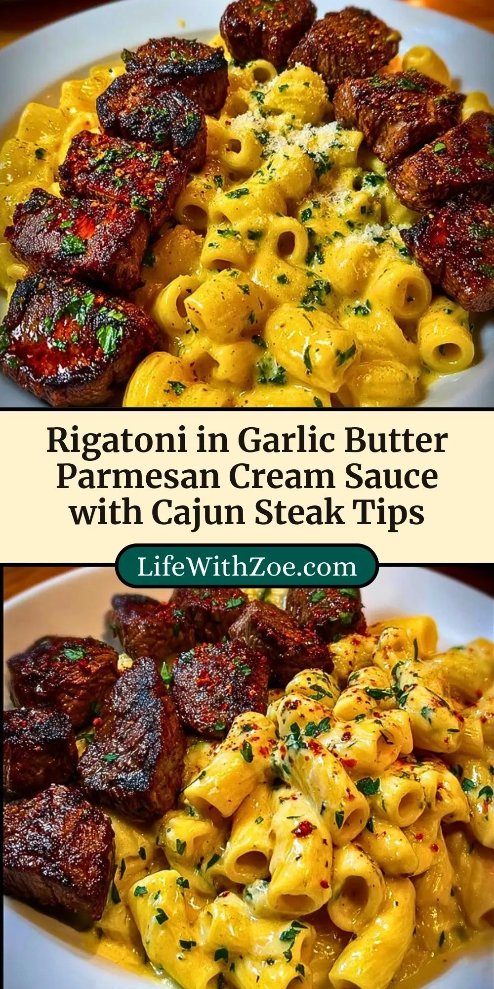 Rigatoni in Garlic Butter Parmesan Cream Sauce with Cajun Steak Tips Pin 2