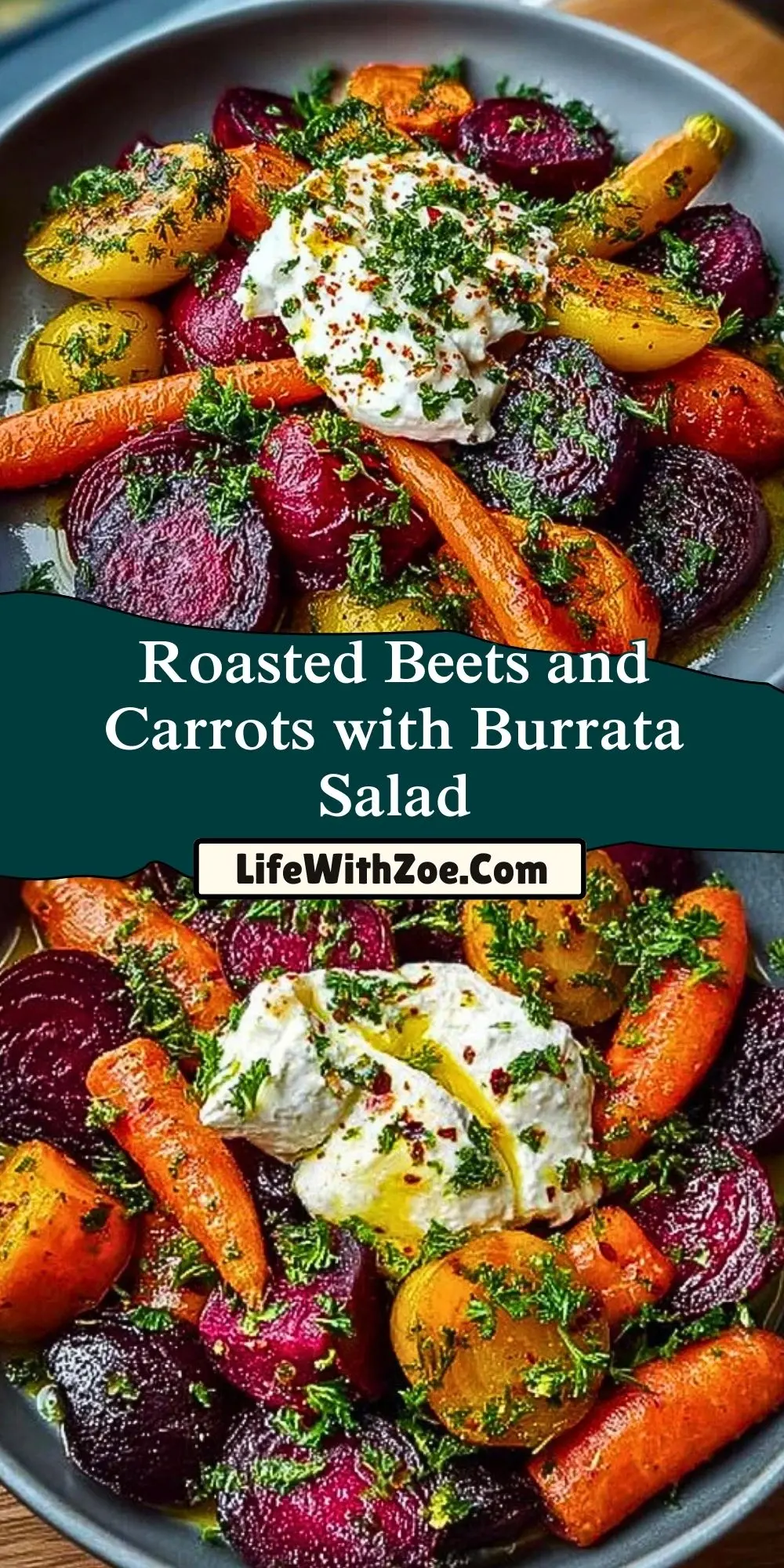 Roasted Beets and Carrots with Burrata Salad Pin 1