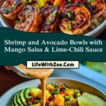 Shrimp and Avocado Bowls with Mango Salsa & Lime-Chili Sauce Pin 1