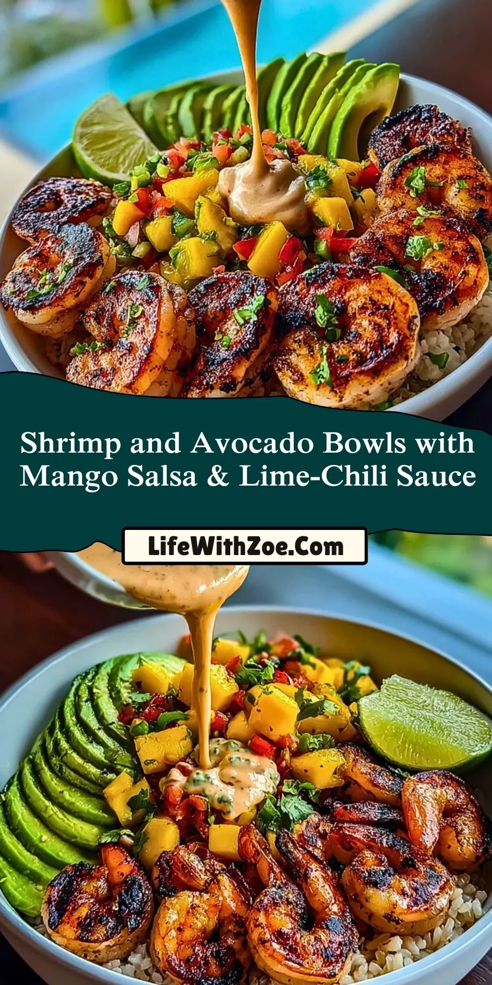 Shrimp and Avocado Bowls with Mango Salsa & Lime-Chili Sauce Pin 1