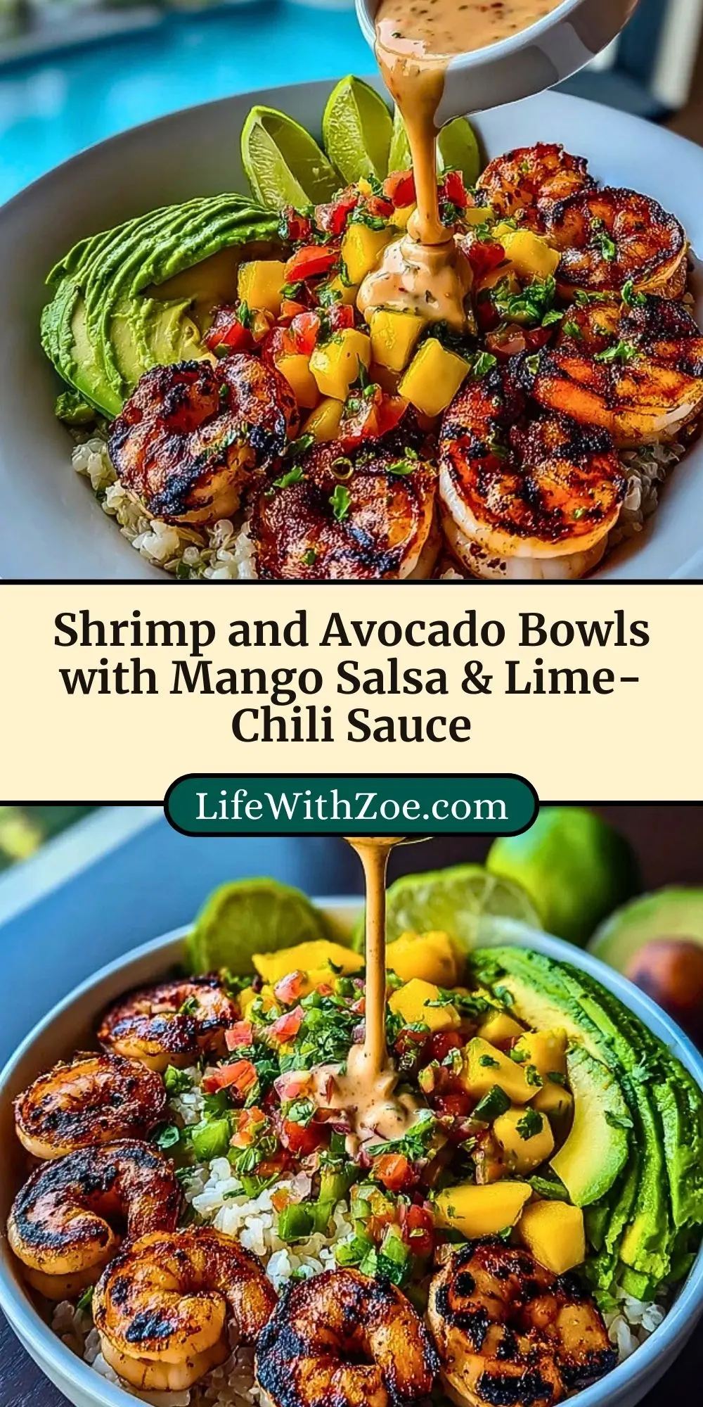 Shrimp and Avocado Bowls with Mango Salsa & Lime-Chili Sauce Pin 2