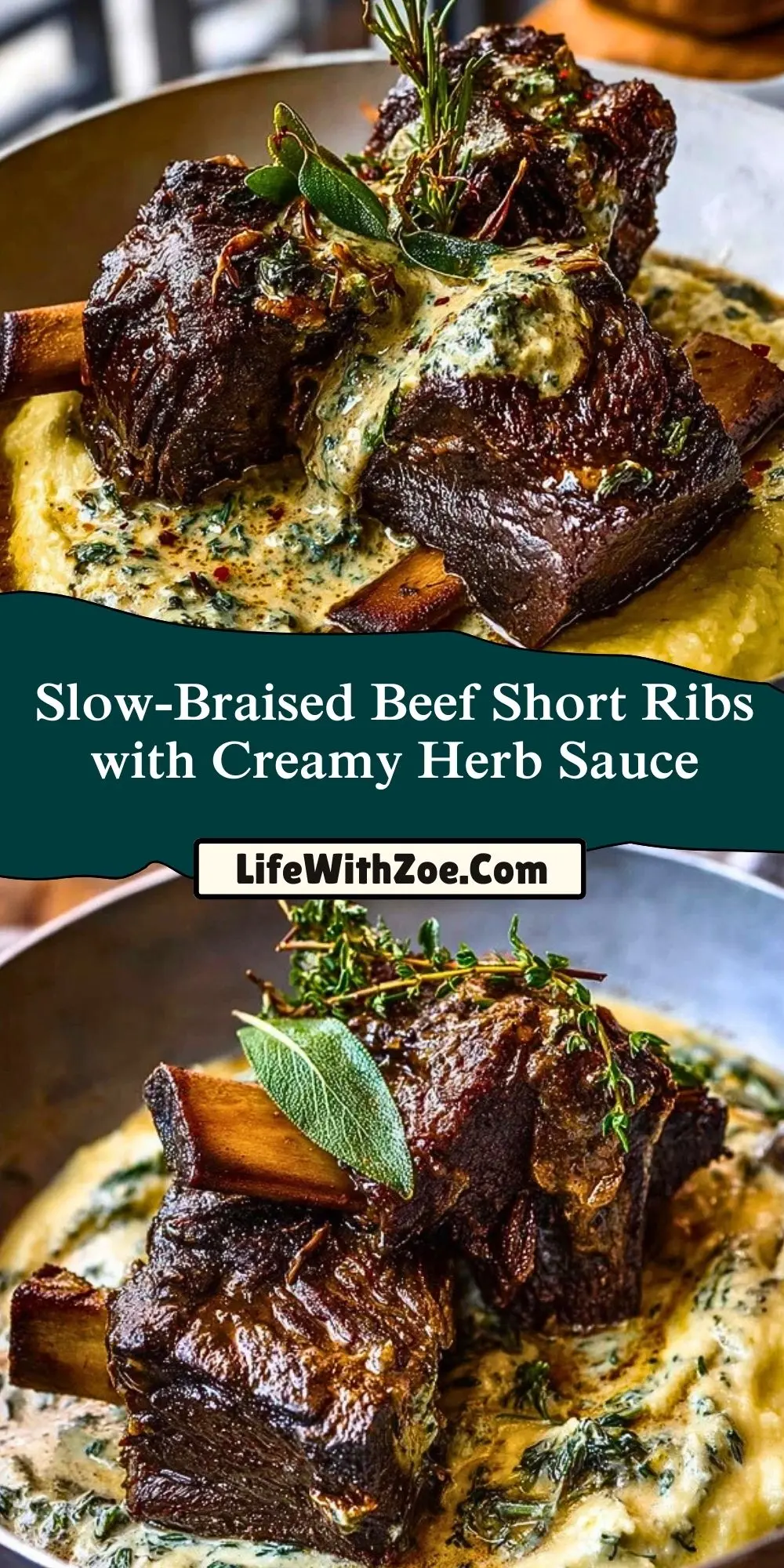Slow-Braised Beef Short Ribs with Creamy Herb Sauce Pin 1