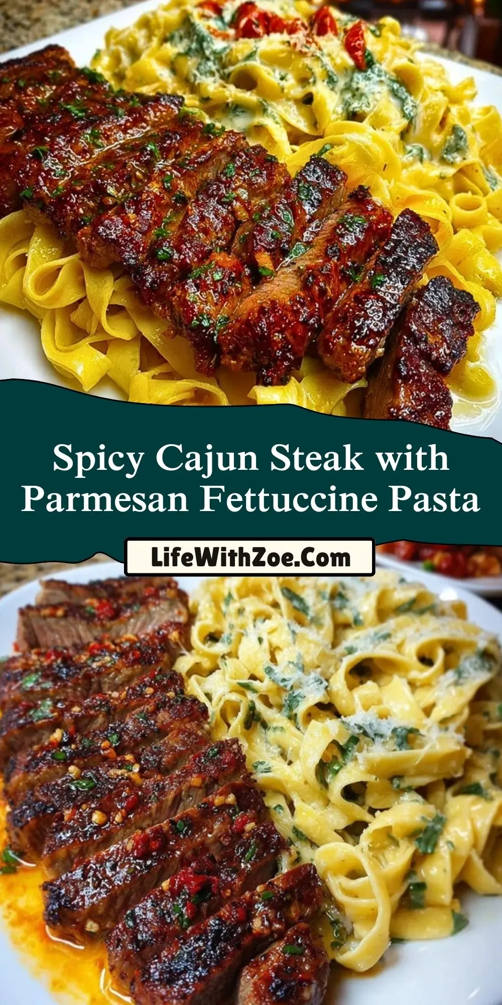 Spicy Cajun Steak with Parmesan Fettuccine Pasta Pin 1