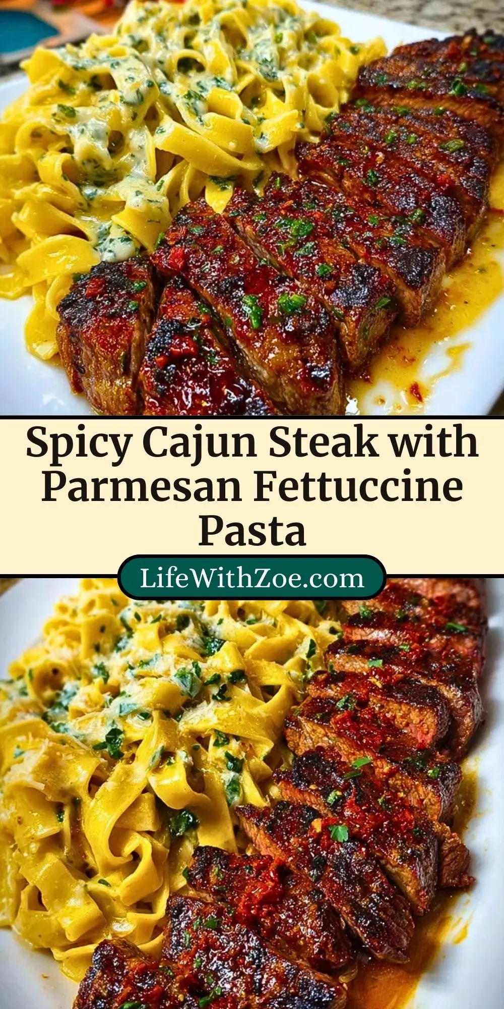 Spicy Cajun Steak with Parmesan Fettuccine Pasta Pin 2