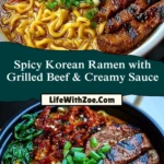 Spicy Korean Ramen with Grilled Beef & Creamy Sauce Pin 1
