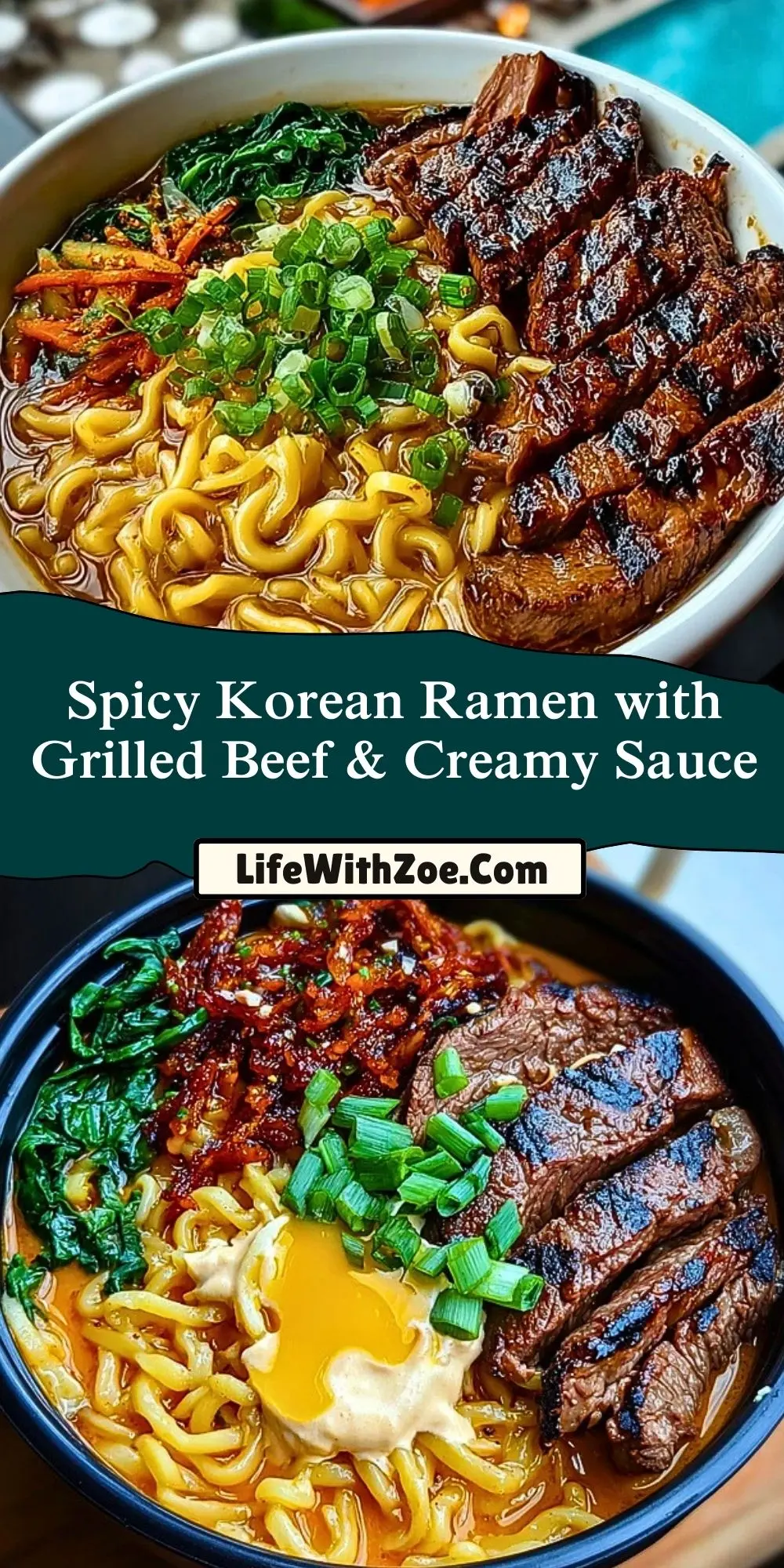 Spicy Korean Ramen with Grilled Beef & Creamy Sauce Pin 1