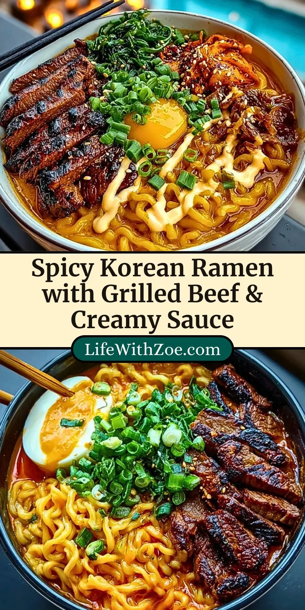 Spicy Korean Ramen with Grilled Beef & Creamy Sauce Pin 2