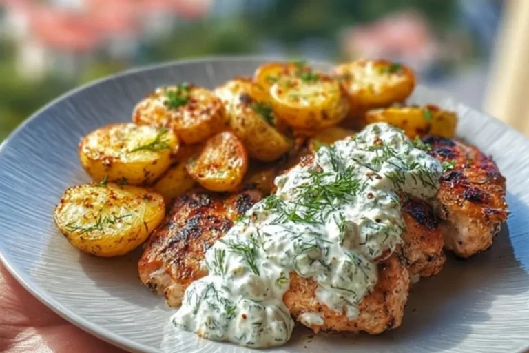 Spicy Yogurt Marinated Chicken with Dill Feta Cream & Crispy Baby Potatoes 1