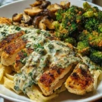 Spinach-Artichoke Greek Chicken Alfredo & Crispy Parmesan Broccoli with Mushroom Basil Cream 1