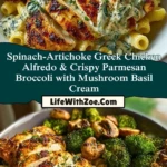 Spinach-Artichoke Greek Chicken Alfredo & Crispy Parmesan Broccoli with Mushroom Basil Cream Pin 1