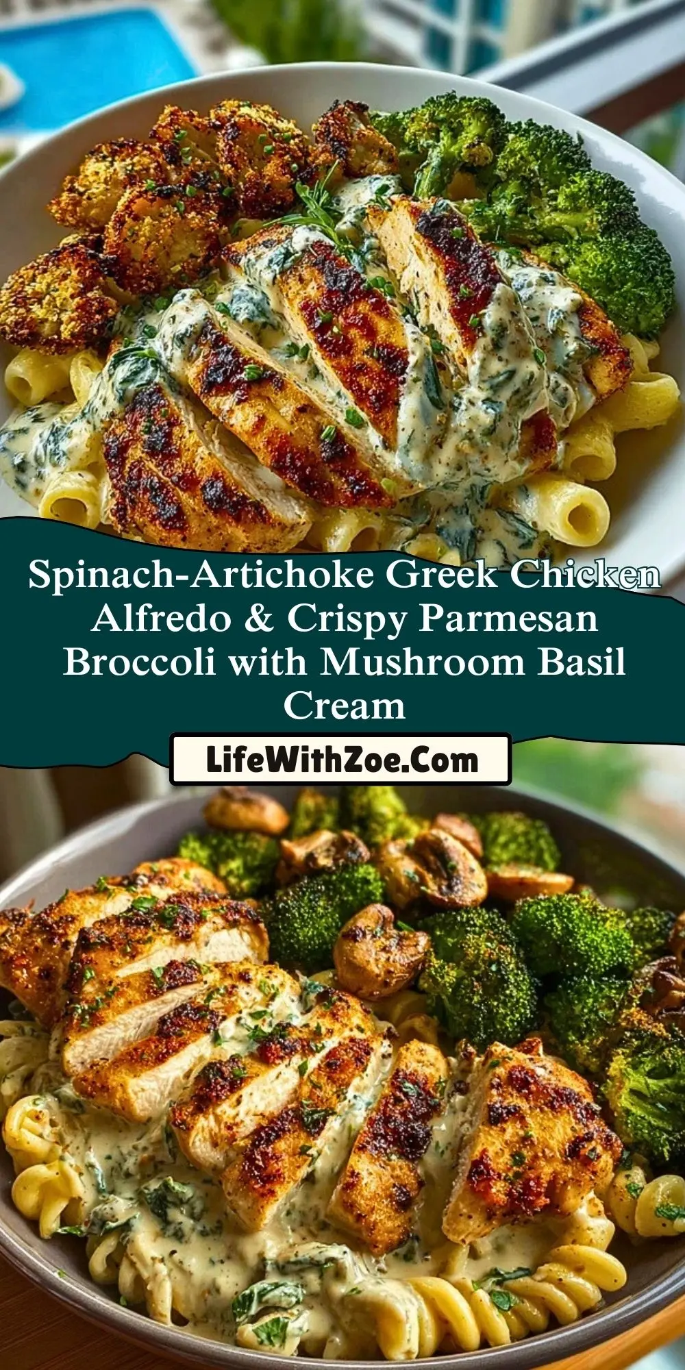Spinach-Artichoke Greek Chicken Alfredo & Crispy Parmesan Broccoli with Mushroom Basil Cream Pin 1