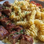 Steak Bites and Cheesy Rotini in Garlic Parmesan Sauce 1