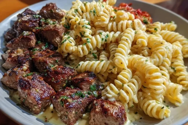 Steak Bites and Cheesy Rotini in Garlic Parmesan Sauce 1