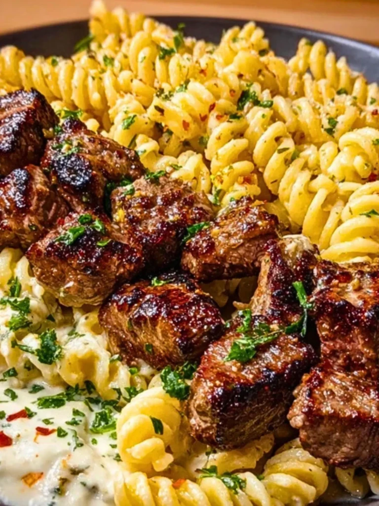 Steak Bites and Cheesy Rotini in Garlic Parmesan Sauce 2